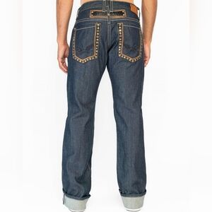 Robin’s Jean D5210 Leather Rivets Straight Leg Dark Wash Denim Blue Jean